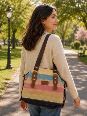 MSLD New York Co. Striped Canvas Shoulder Bag Multi-Color Faux Leather Trim